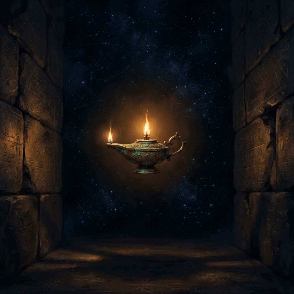 The lamp within — one steady flame in the heart of the dark chamber.