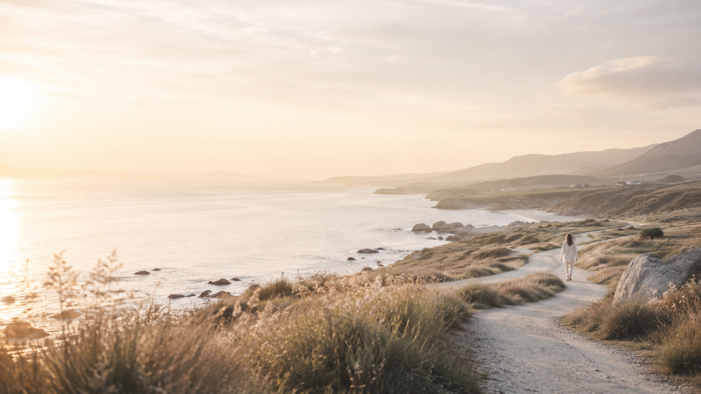 Chemin côtier au coucher du soleil, symbole de nouveau départ et d'élan vers l'avenir