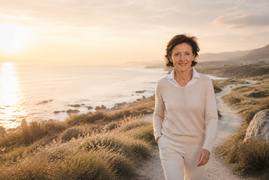 Mathilde Letierce, coach certifiée, avançant sur un sentier côtier au coucher du soleil — symbole d'élan et de confiance en soi
