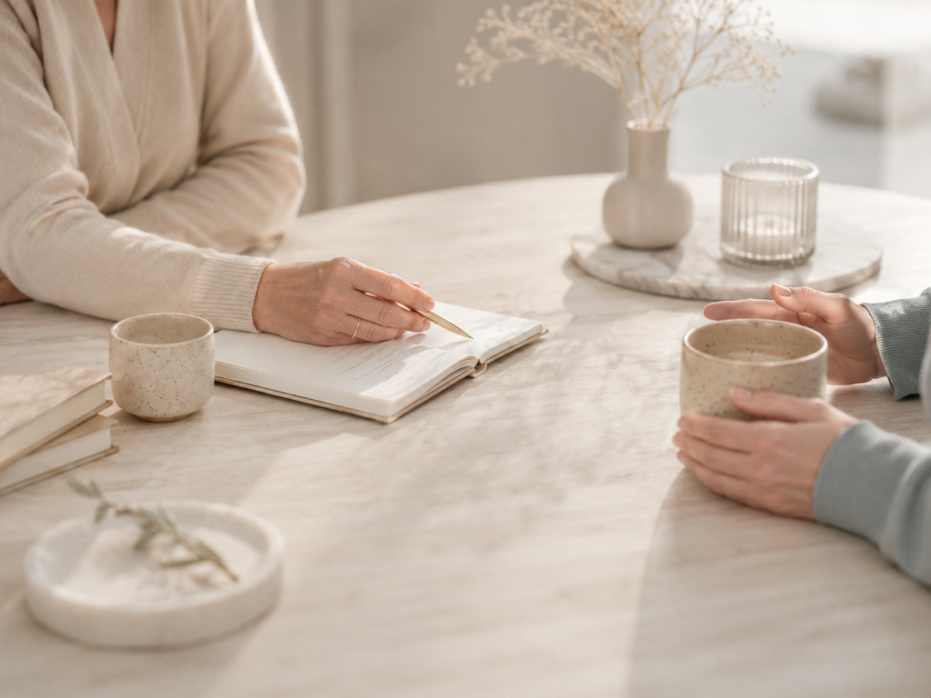 Moment d'écoute attentive autour d'une table — espace bienveillant pour être pleinement soi en coaching