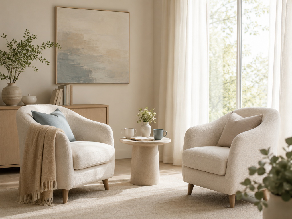 Salon minimaliste et lumineux, deux fauteuils face à face — espace calme et bienveillant pour échange et appel découverte