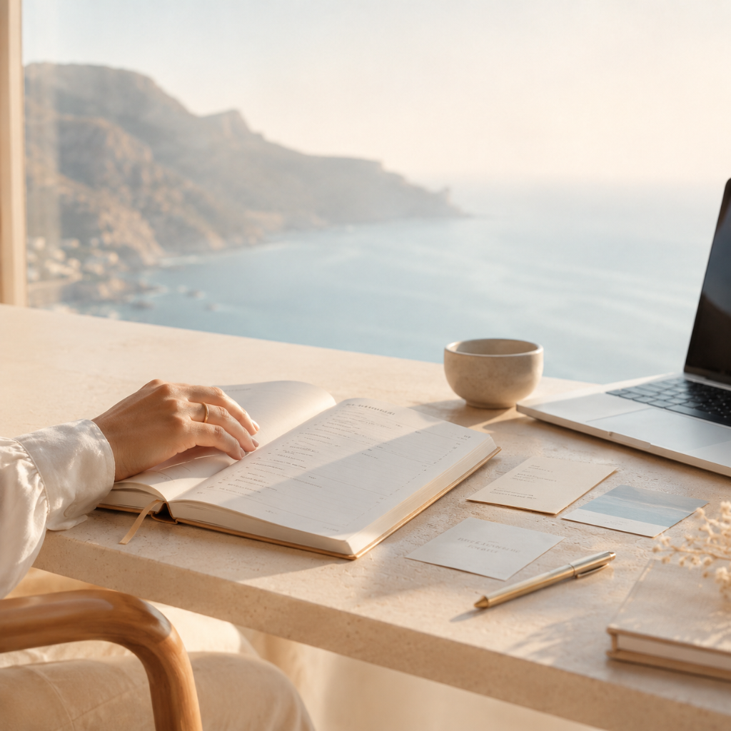 Bureau minimaliste avec vue sur la côte, carnet et stylo — accompagnement de parcours professionnel et reconversion