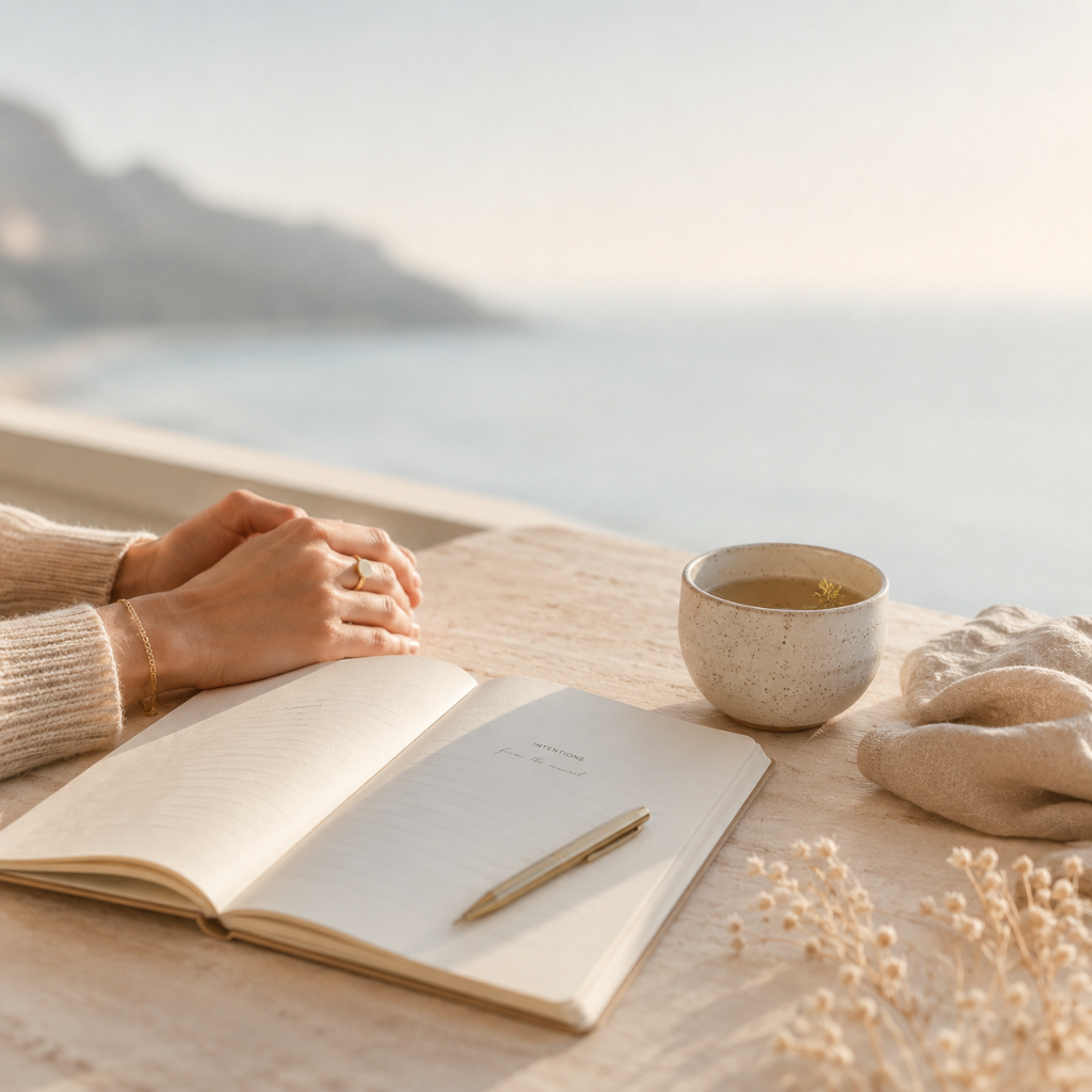 Mains posées sur un carnet ouvert — moment de calme et d'introspection en coaching de vie