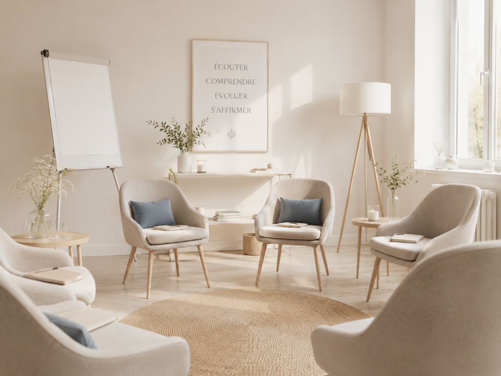 Salle lumineuse et sereine, prête à accueillir ateliers et conférences — espaces d'échange et de mise en mouvement