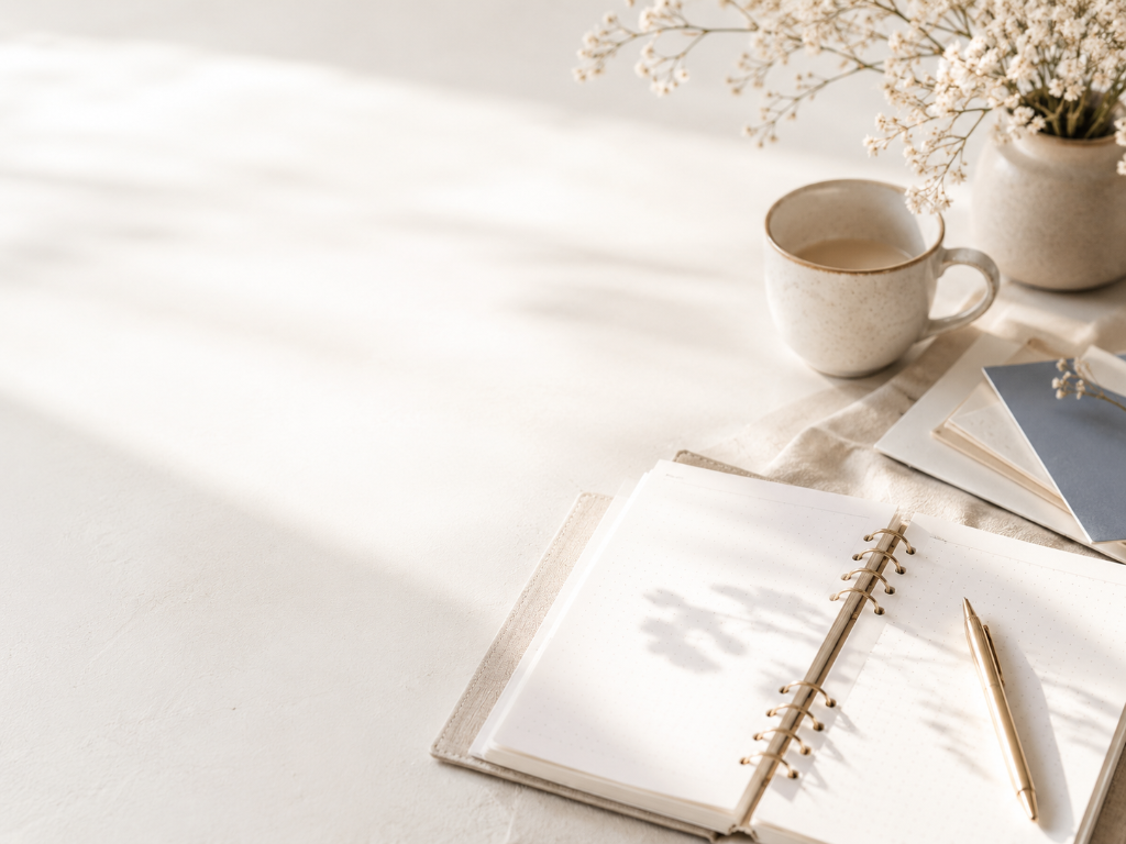 Agenda en cours d'élaboration, carnet et stylo doré — prochains ateliers et conférences Mathilde Letierce à venir