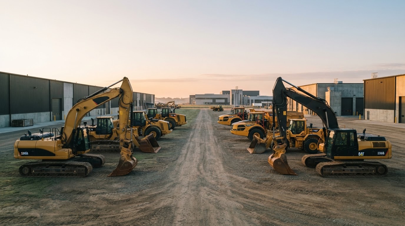 Heavy equipment arranged symmetrically at dawn