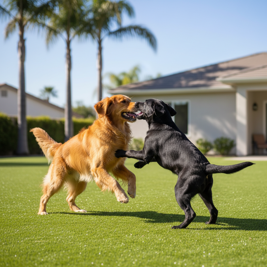 Dogs playing safely on clean artificial turf in California