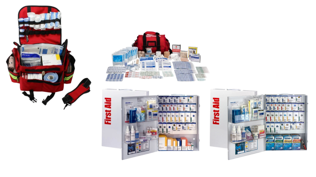 First aid kits and cabinets including emergency response bags and wall-mount cabinets
