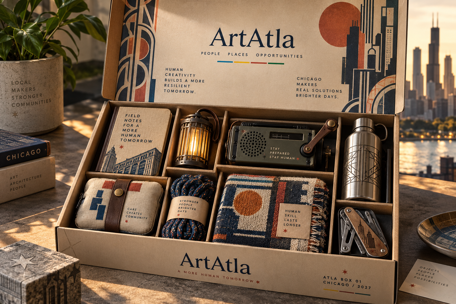 Concept image of Atla Box 01, an artist-made survival kit developed by ArtAtla for Chicago 2027, containing functional emergency and resilience objects.