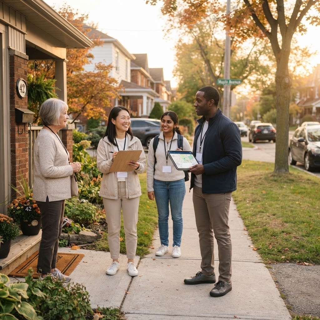 Campaign volunteers and organizers working together in a suburban neighborhood