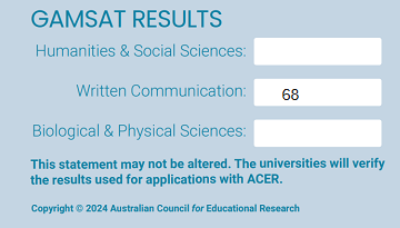 GAMSAT Written Communication score result: 68