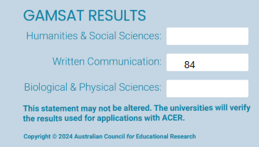 GAMSAT Written Communication score result: 84