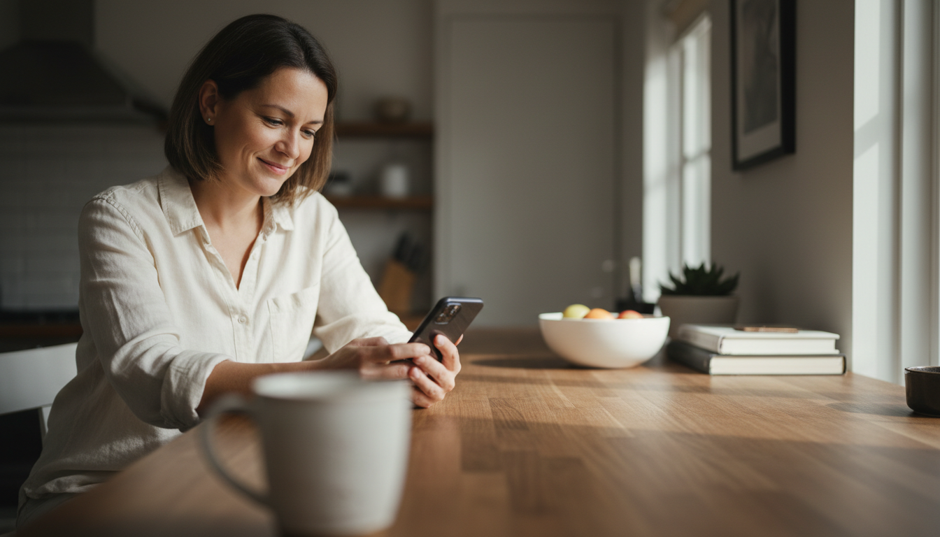 Person at home reviewing finances on their phone with a calm, satisfied expression