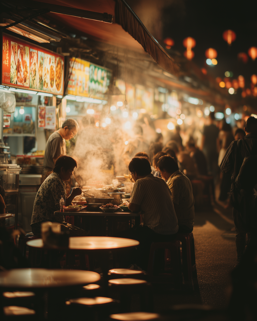 Street food scene in Singapore with diners, stalls and night market atmosphere.