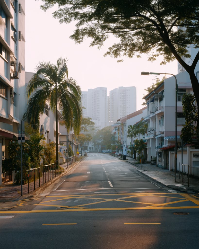 Contemporary urban landscape in Singapore with architecture, greenery and tropical atmosphere.