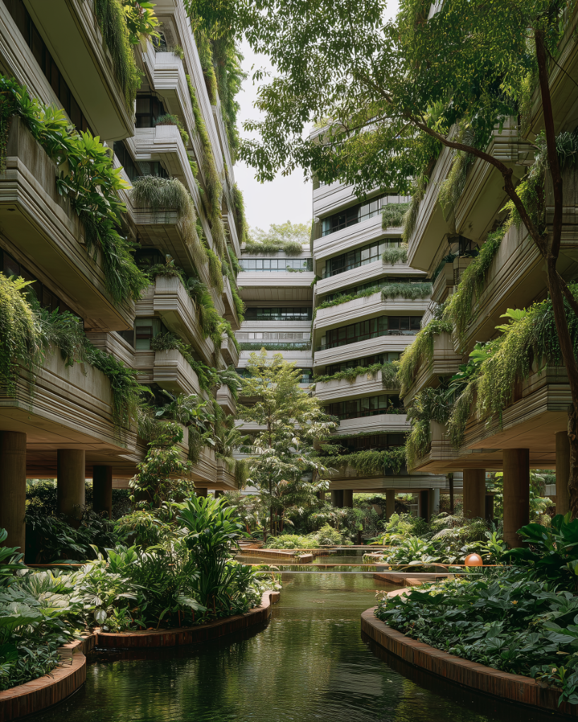 Modern architectural detail in Singapore showing geometric forms and urban contrast.