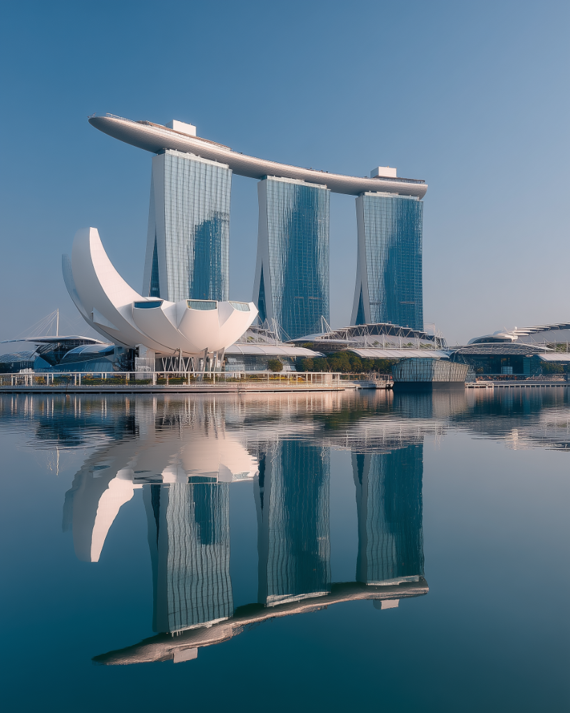 Night view of Marina Bay in Singapore with illuminated architecture and skyline.