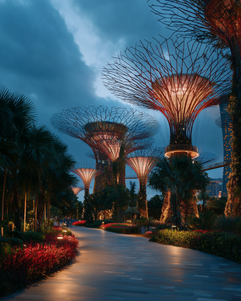 Singapore garden landscape with lush vegetation and contemporary city structures.