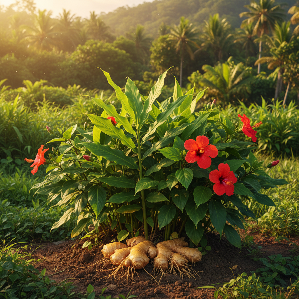 Ginger with leaves and hibiscus plant