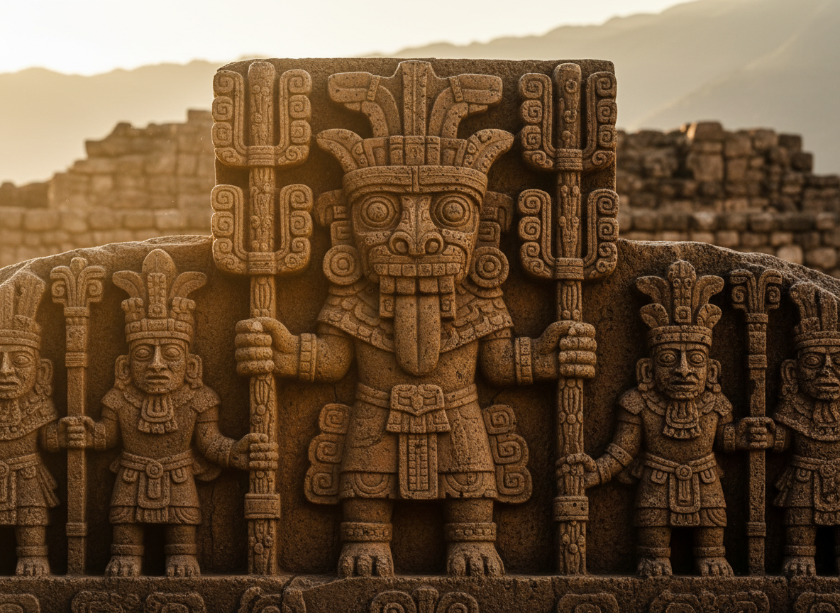 Tallas antiguas de piedra andina del templo de Chavín de Huántar con el cactus San Pedro