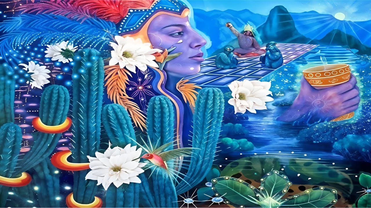Arte digital representando una ceremonia de San Pedro con cactus sagrado Wachuma y visión espiritual
