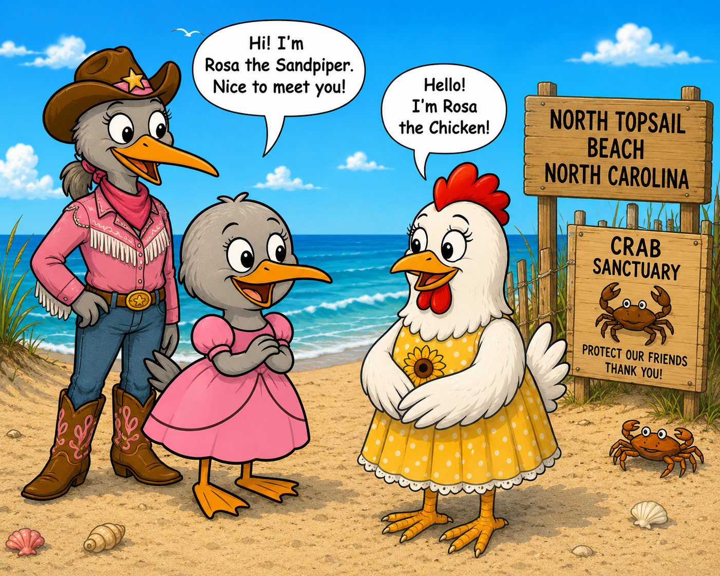 Illustration for Rosa the Sandpiper meets Rosa the Chicken