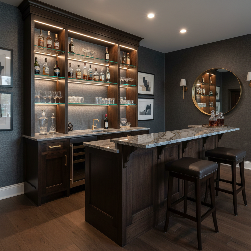 Custom home bar built-in — wine rack, quartz countertop & LED under-cabinet lighting ✨ #custombar #homebar #kitchenandbath
