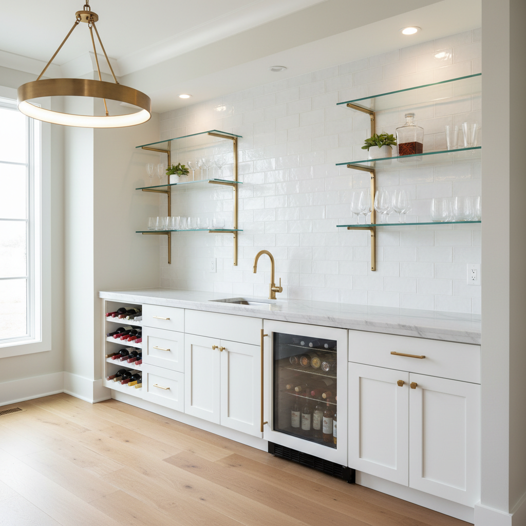 White Shaker Wet Bar with Marble Countertop