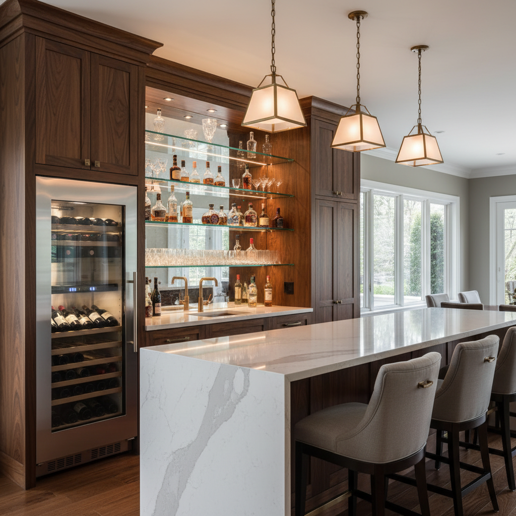Dark Walnut Home Bar with Wine Fridge