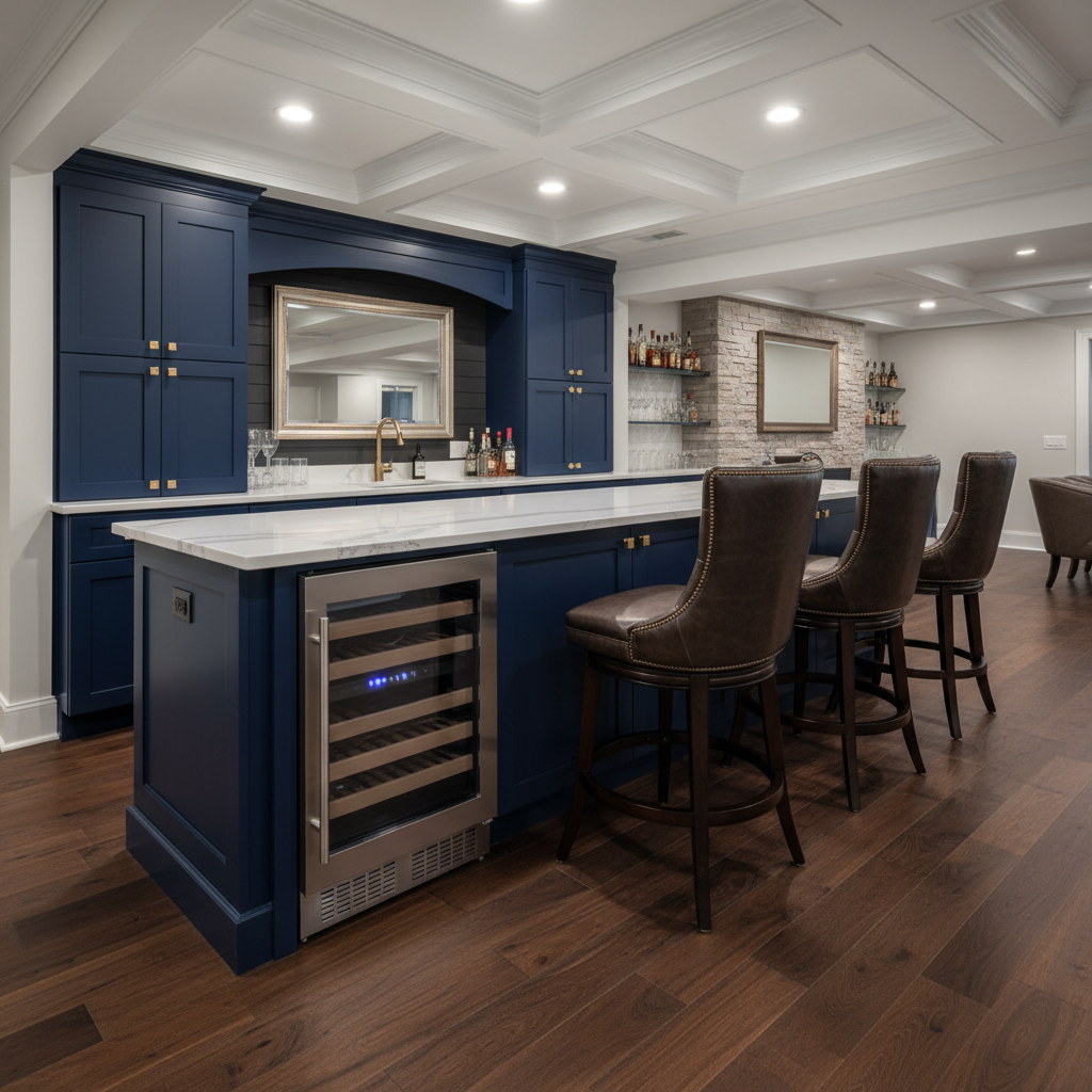Navy Basement Bar with Wine Cooler