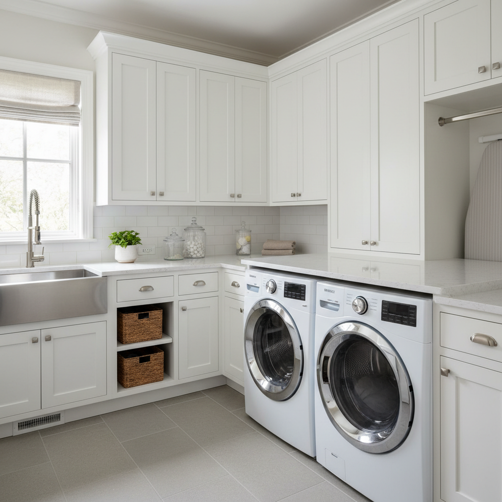 White Shaker Laundry Room with Quartz Countertop
