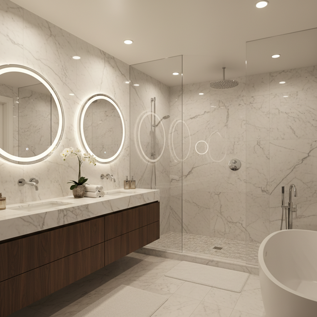 Spa-inspired master bath complete! Freestanding tub + floor-to-ceiling tile 🛁 #bathroomremodel #luxurybathroom #vanity