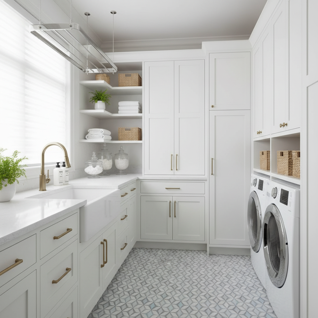 Modern laundry room makeover with custom cabinetry & porcelain tile 👌 #laundryroom #customcabinets #homedesign