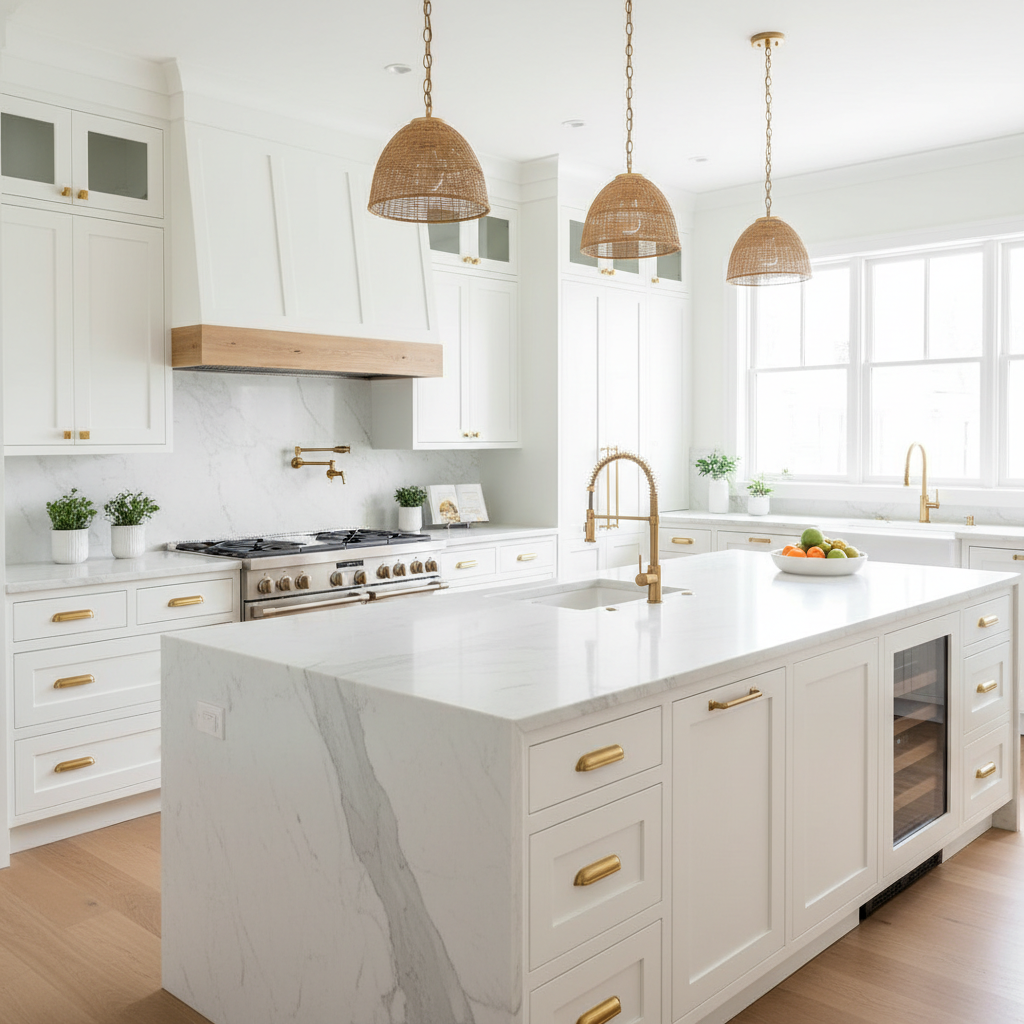 Custom kitchen renovation in Dix Hills — white shaker cabinets, quartz waterfall island 🤍 #customkitchen #kitchenrenovation #longisland