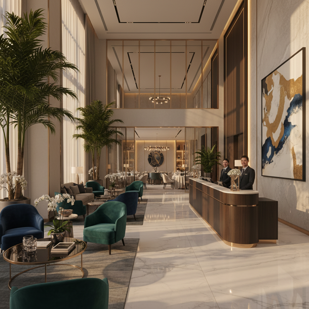 Modern hotel lobby with integrated technology
