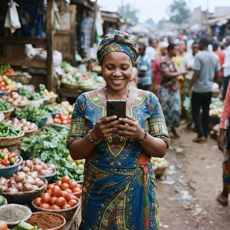 Mfanyabiashara akitabasamu akiangalia Mpemba kwenye simu