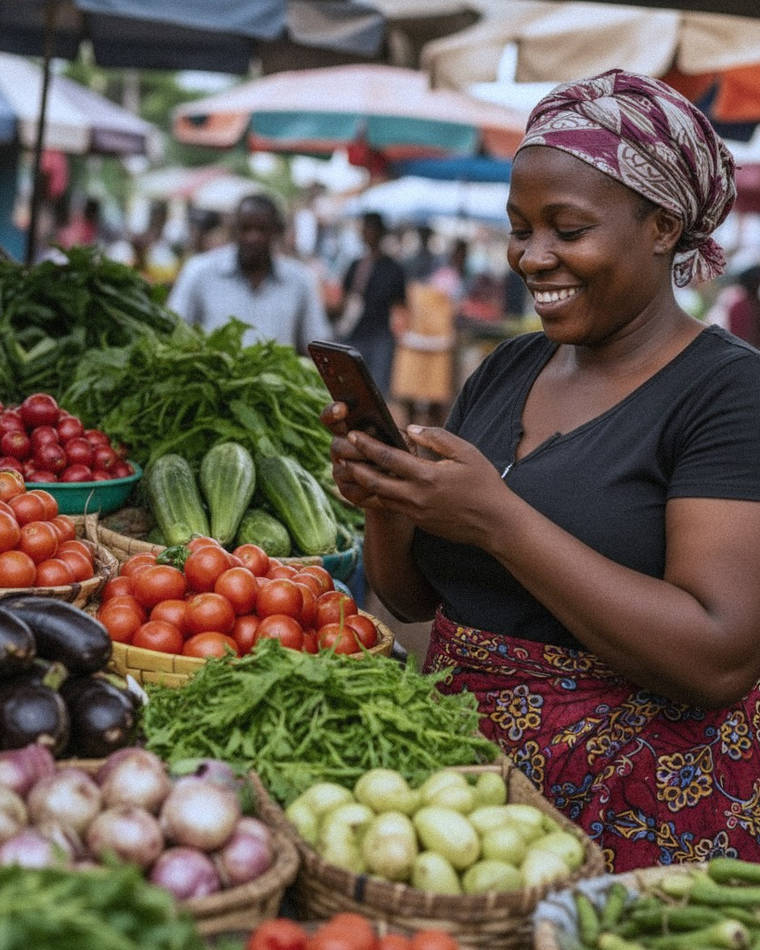 Mfanyabiashara wa mboga sokoni akitumia simu yake