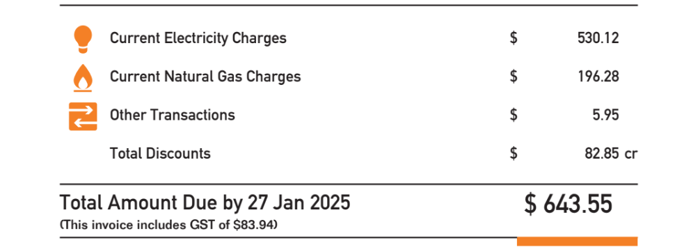 Genesis Energy bill for the January 2025 billing period, before solar, showing electricity charges of $530.12, gas $196.28 and total amount due of $643.55