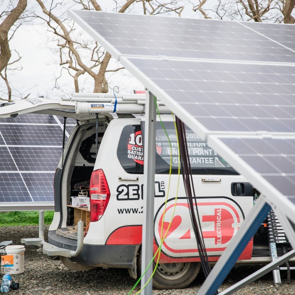 Ground-mounted solar installation completed by 2E Electrical in Waikato.