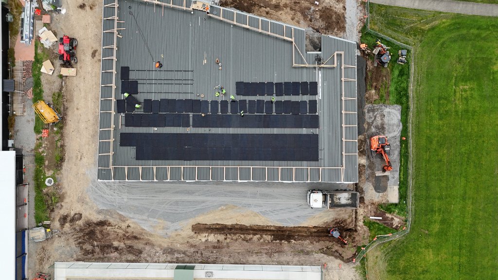 Drone overview of the Pukete Neighbourhood House solar installation, Hamilton