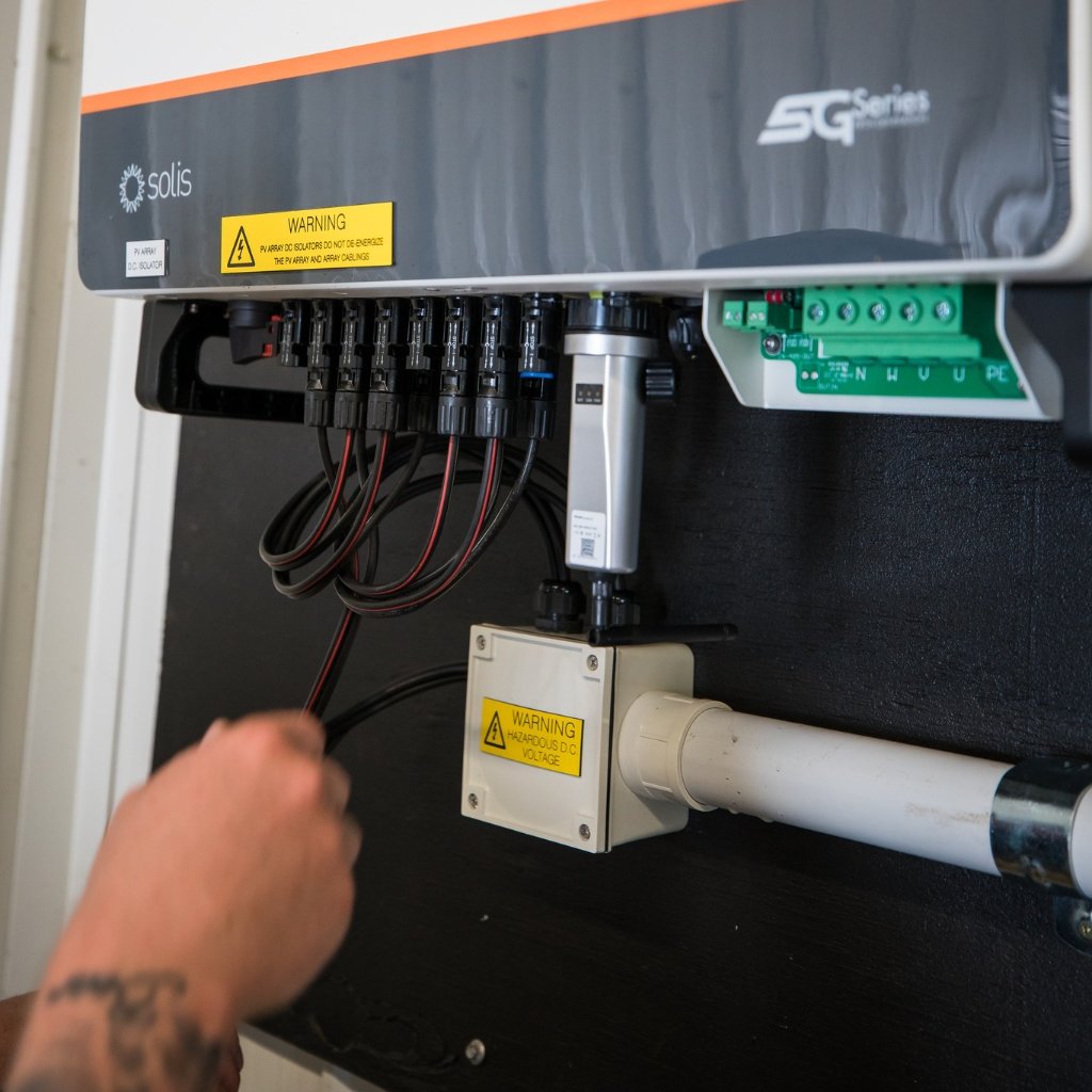 Professional solar inverter installation with safety wiring