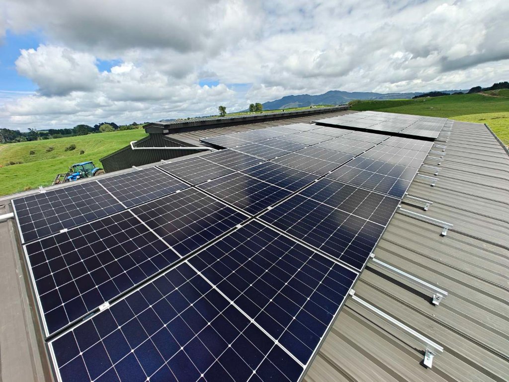 30.8kW rooftop solar array on a Putāruru dairy shed, Waikato
