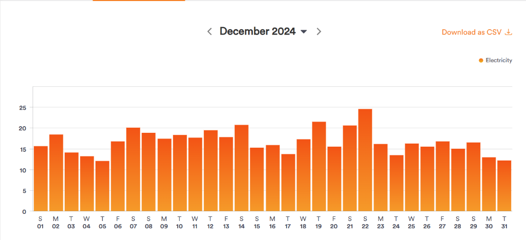 December 2024 daily electricity consumption graph from Genesis Energy, showing the home importing between roughly 12 and 25kWh every day before solar was installed