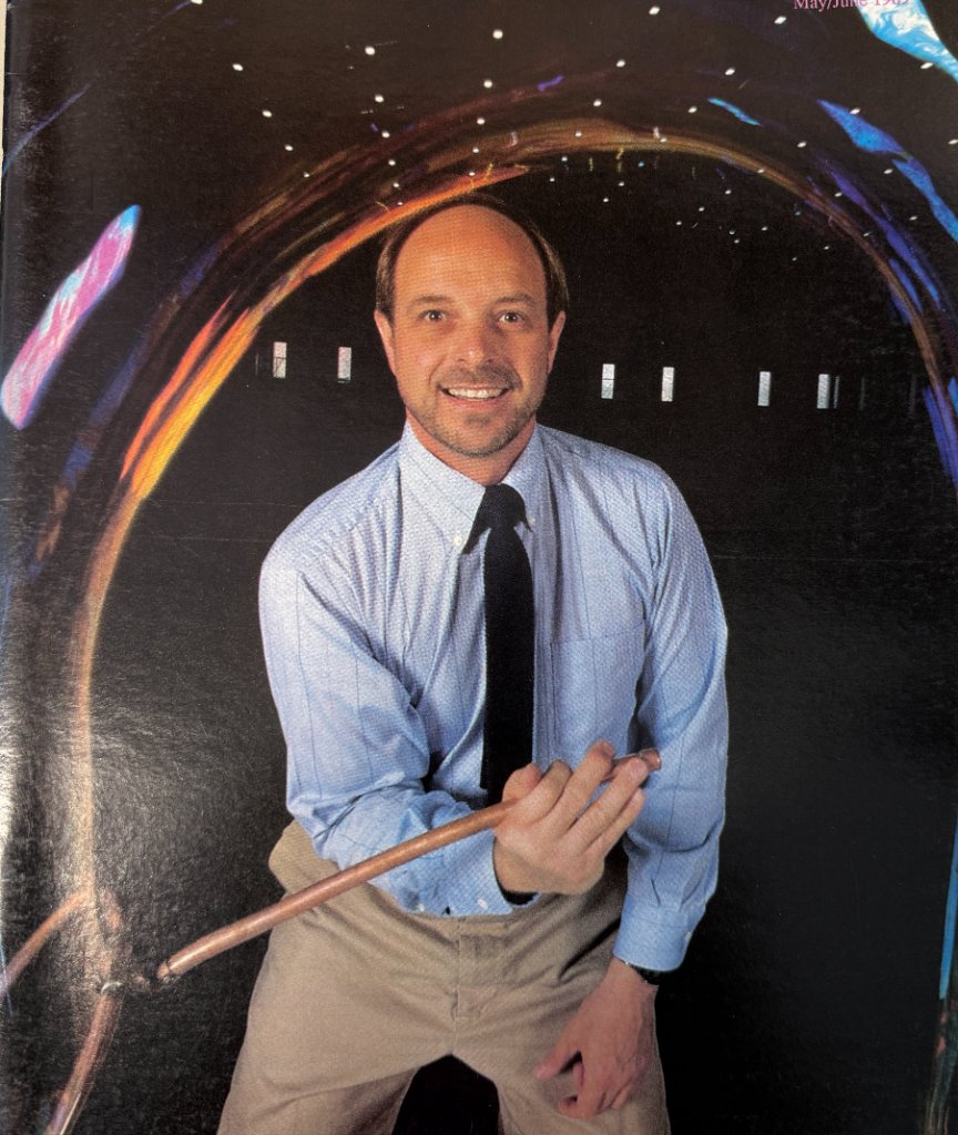 Ron Bonnstetter with a large iridescent soap bubble