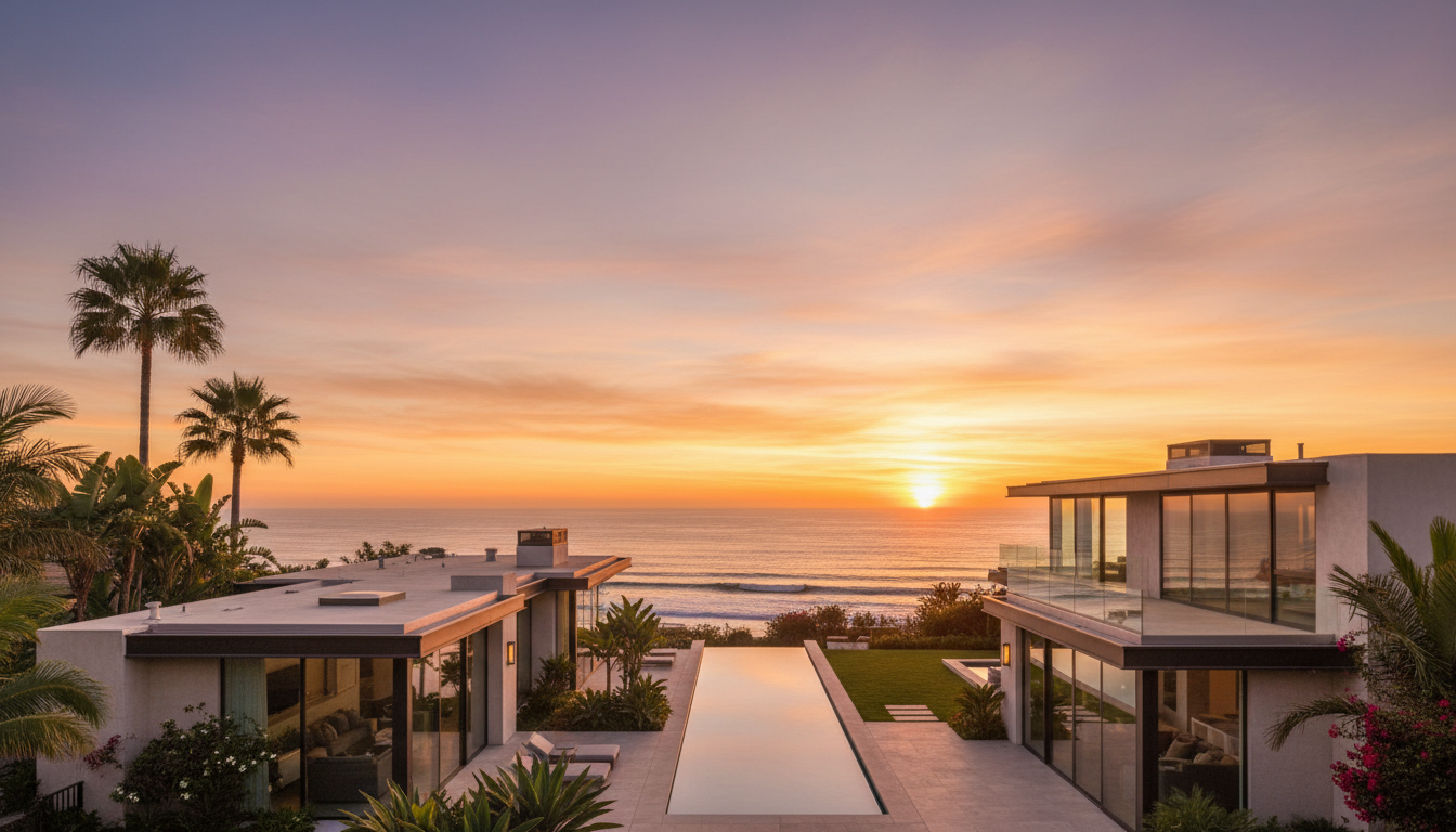 Luxury Orange County coastal home at golden hour