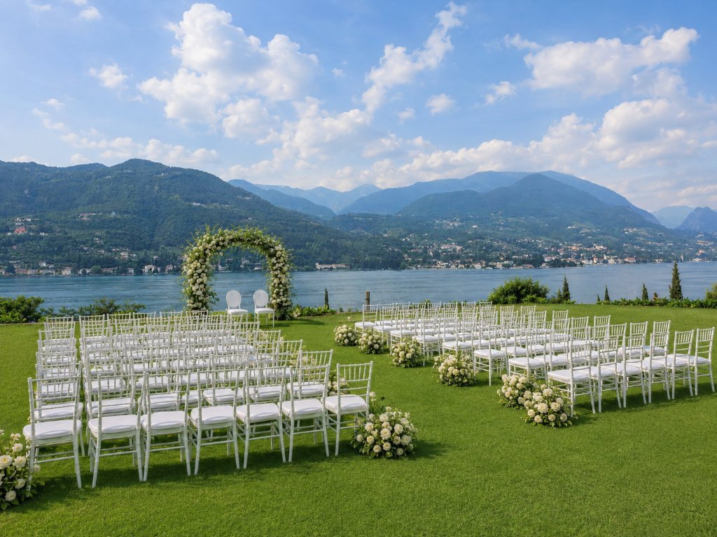 Outdoor-Hochzeit Gardasee – weitläufige Bestuhlung auf dem Rasen mit Seeblick