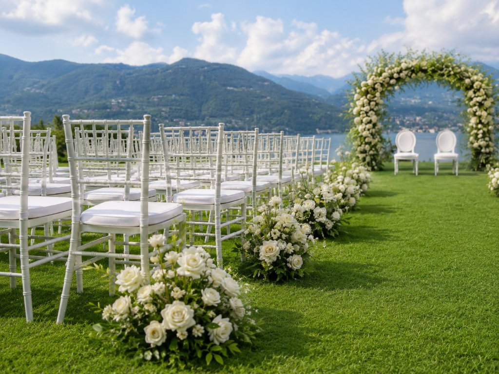 Heiraten am Gardasee – Blumendekor Chiavari-Stühle mit Blumenbögen am Gardasee