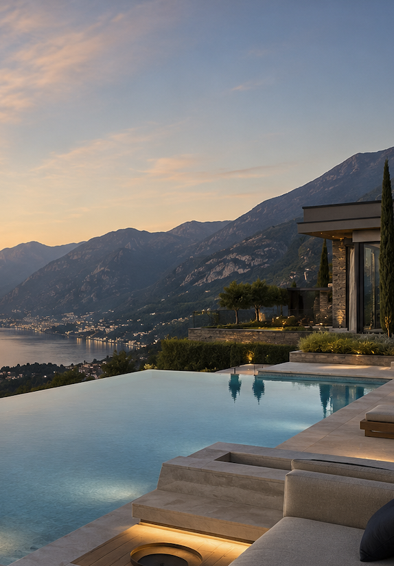 Villa Martini – Privatresidenz mit Infinity-Pool und Seeblick am Gardasee bei Dämmerung