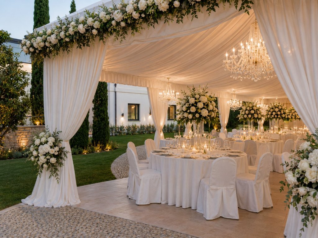 Hochzeitsempfang Gardasee – Abenddinner unter Kronleuchtern im Festzelt der Villa Martini