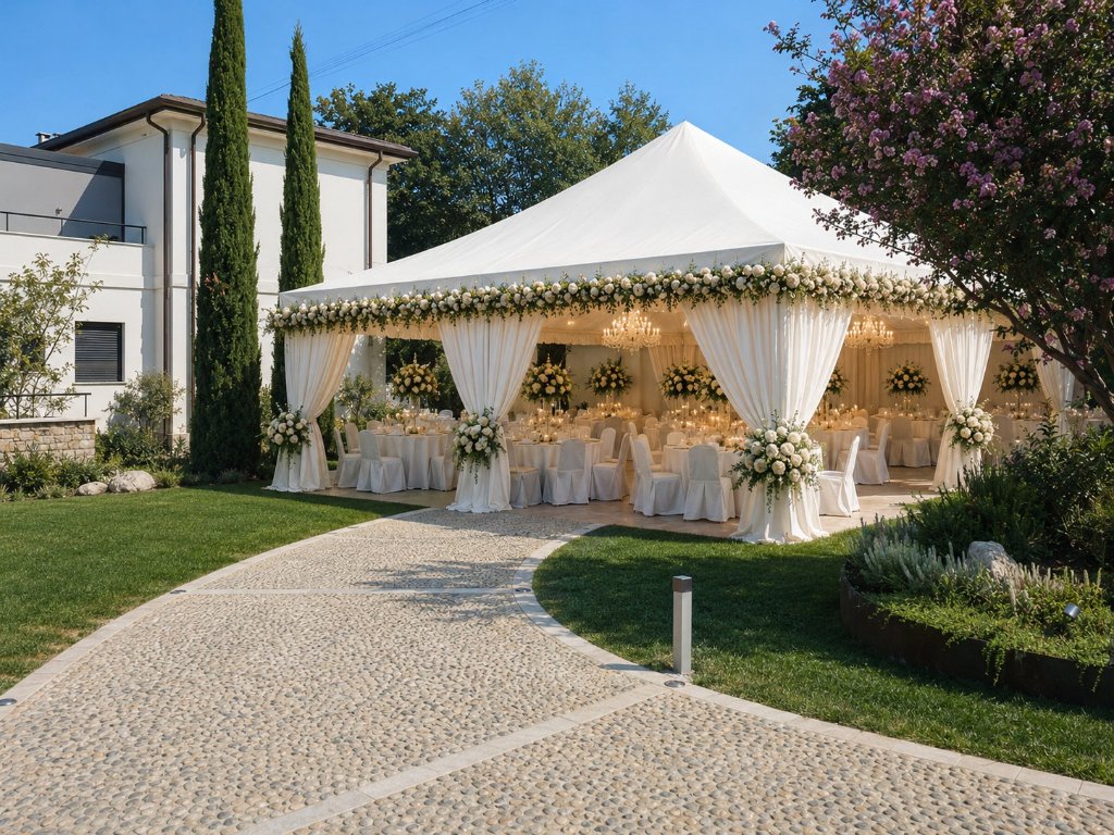 Hochzeitslocation Gardasee – Festzelt im Garten der Villa Martini, San Felice del Benaco